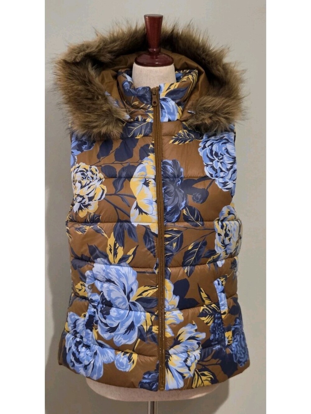 Offline By Aerie Small Brown Blue Floral Zip Puffer Vest Faux Fur Trim Hooded